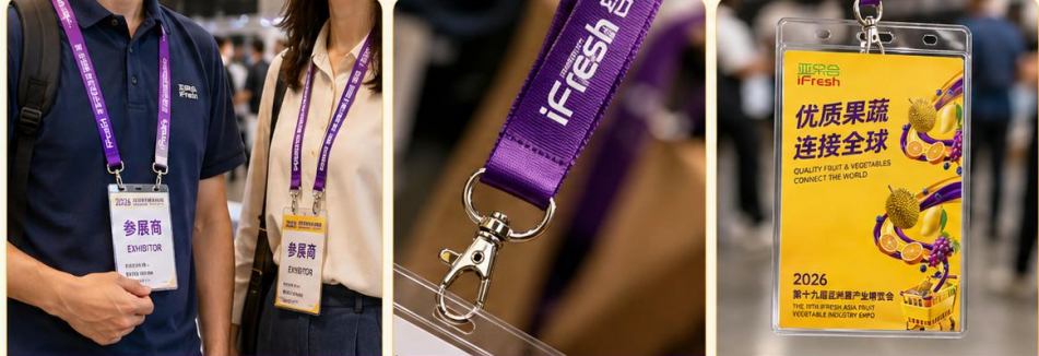 Examples of iFresh Asia exhibitor badges and branded lanyards
