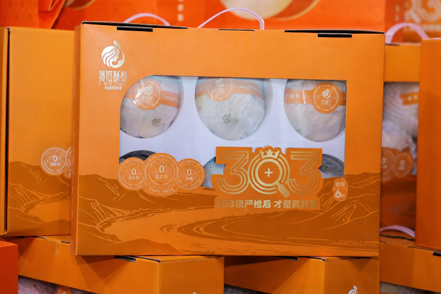Orange fruit gift boxes displayed at the exhibition